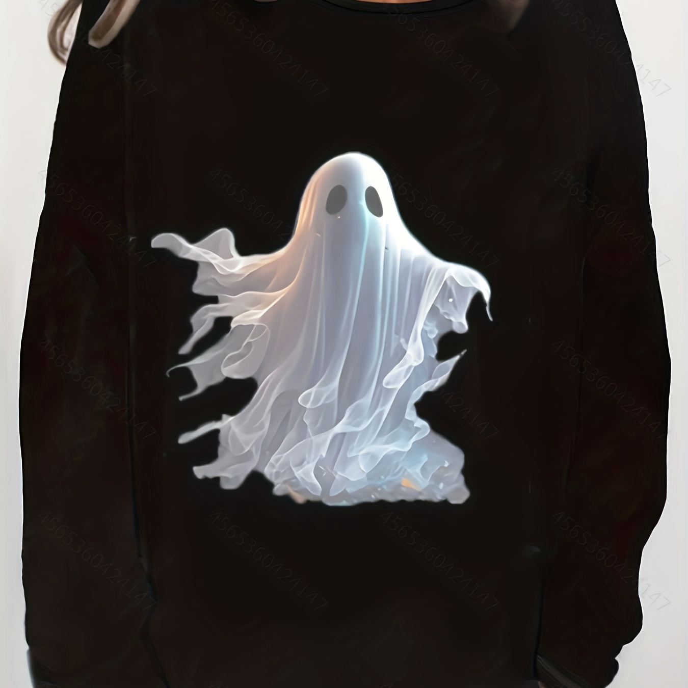 

Plus Size Halloween Casual Top, Women's Plus Cute Ghost & Candle Print Long Sleeve Round Neck Slight Stretch Top