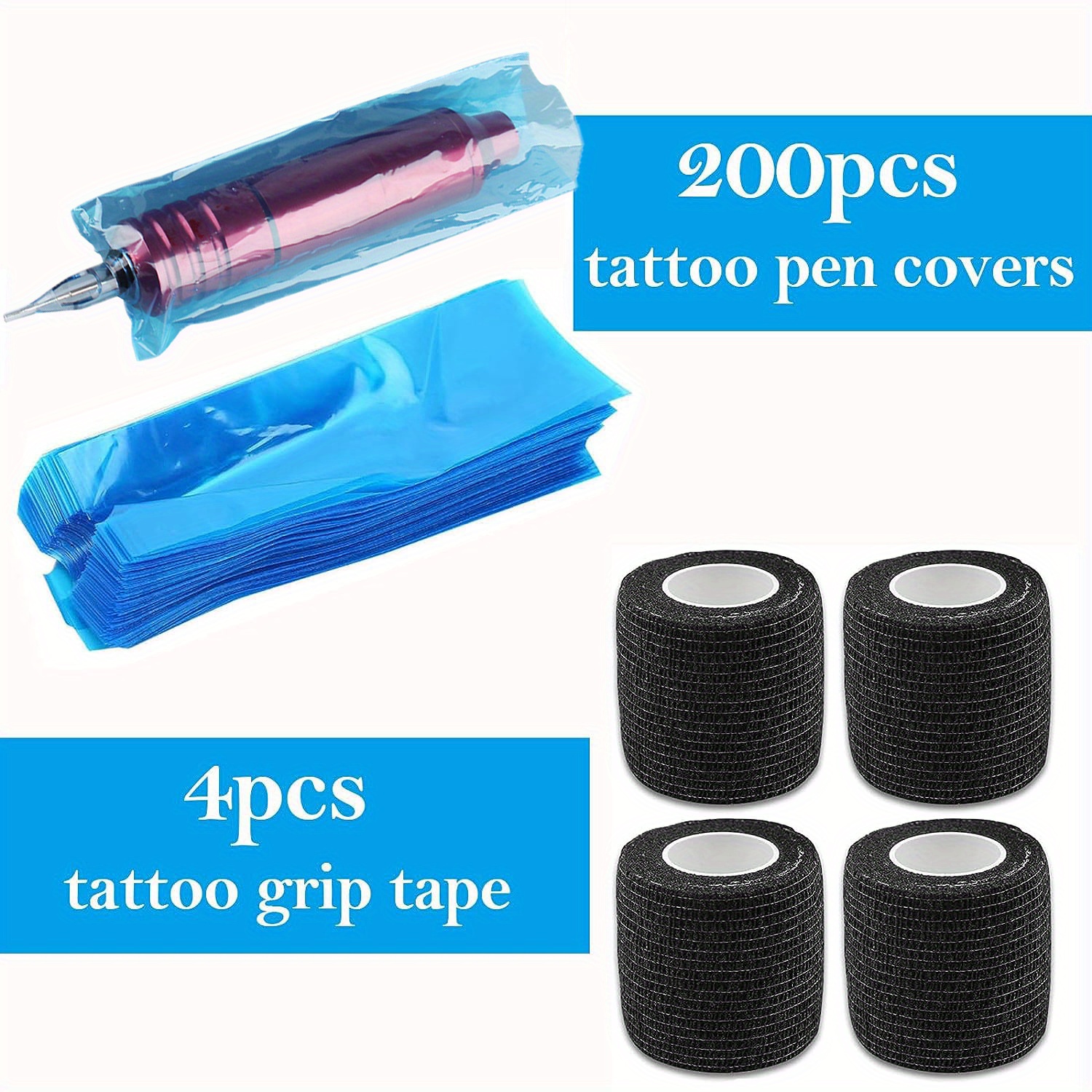 Tattoo Machine Covers And Grip Tape Wraps Set, 200pcs Blue Tattoo Pen  Sleeves Bags And 4pcs Grip Tape Wraps, Black Self-adhesive Bandages ,Tattoo  Mach