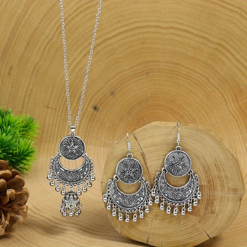 Boho Fashion Round Drop Earrings Necklace Set Antique Bells - Temu