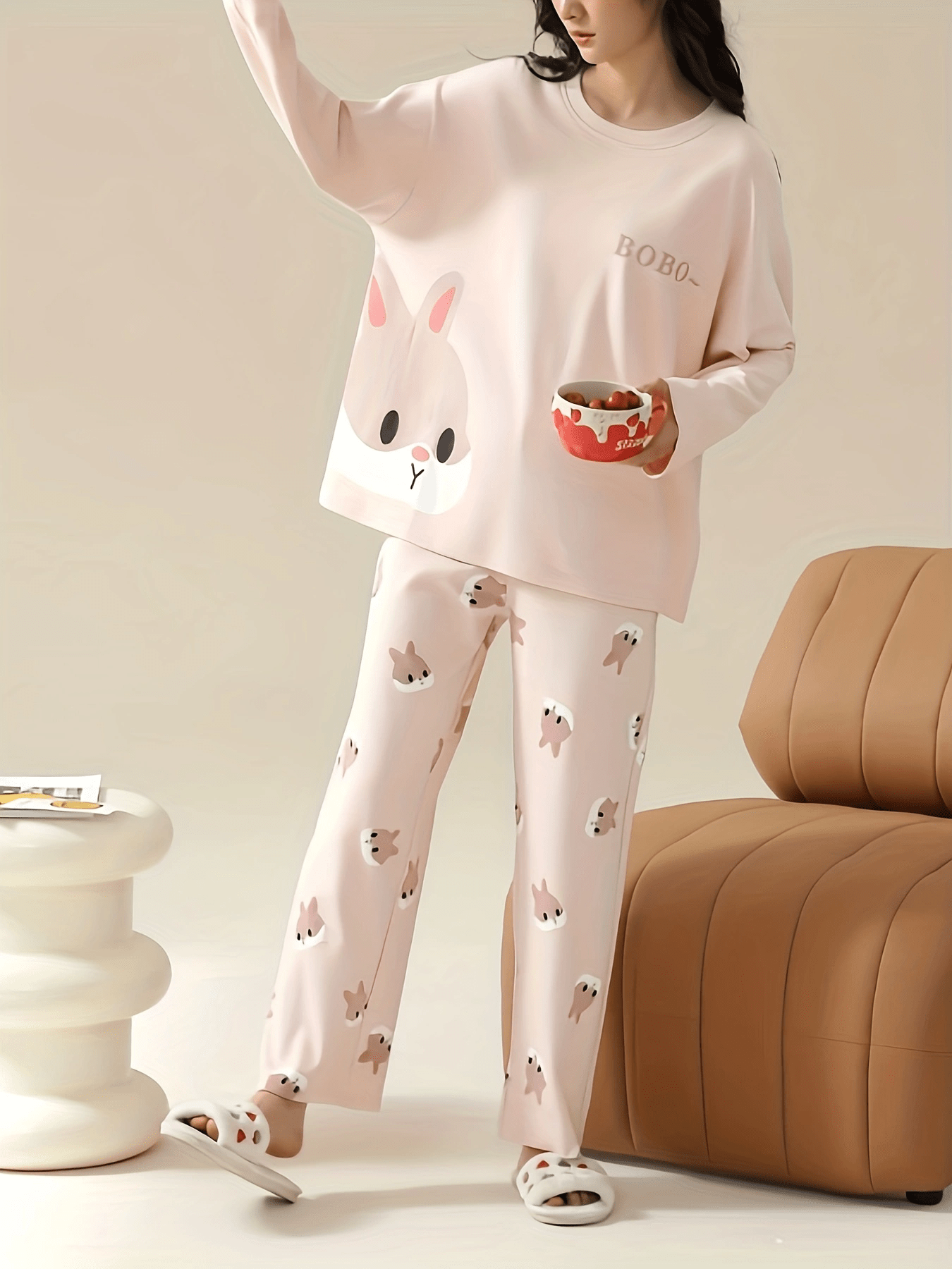 Cartoon Bunny Print Pajama Set Long Sleeve Crew Neck Top - Temu