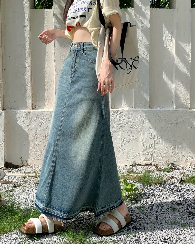 Blue Cut Denim Midi Skirt A line High Waist Washed - Temu