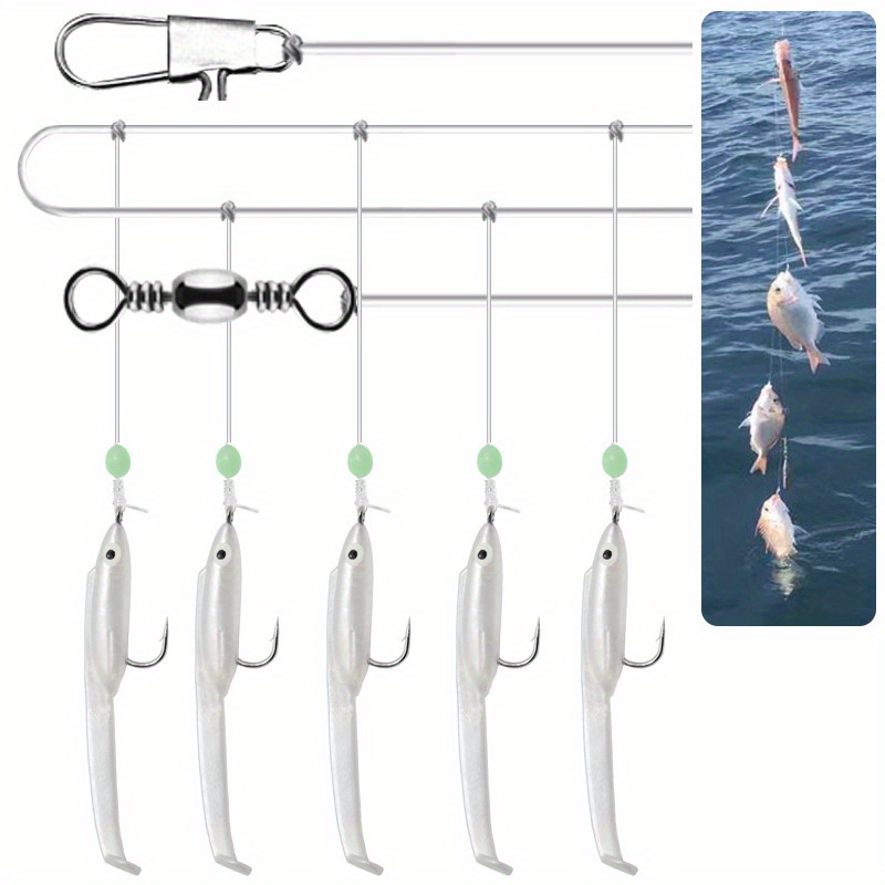 1pc Sea Fishing Eel String Hook With 5 Hooks, Artificial T-Tail Soft Bait  Hook Line Set, Fishing Rigs Accessories For Seawater Freshwater