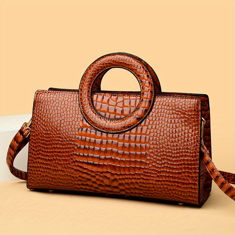 Elegant Crocodile Pattern Satchel Bag, Classic Solid Color