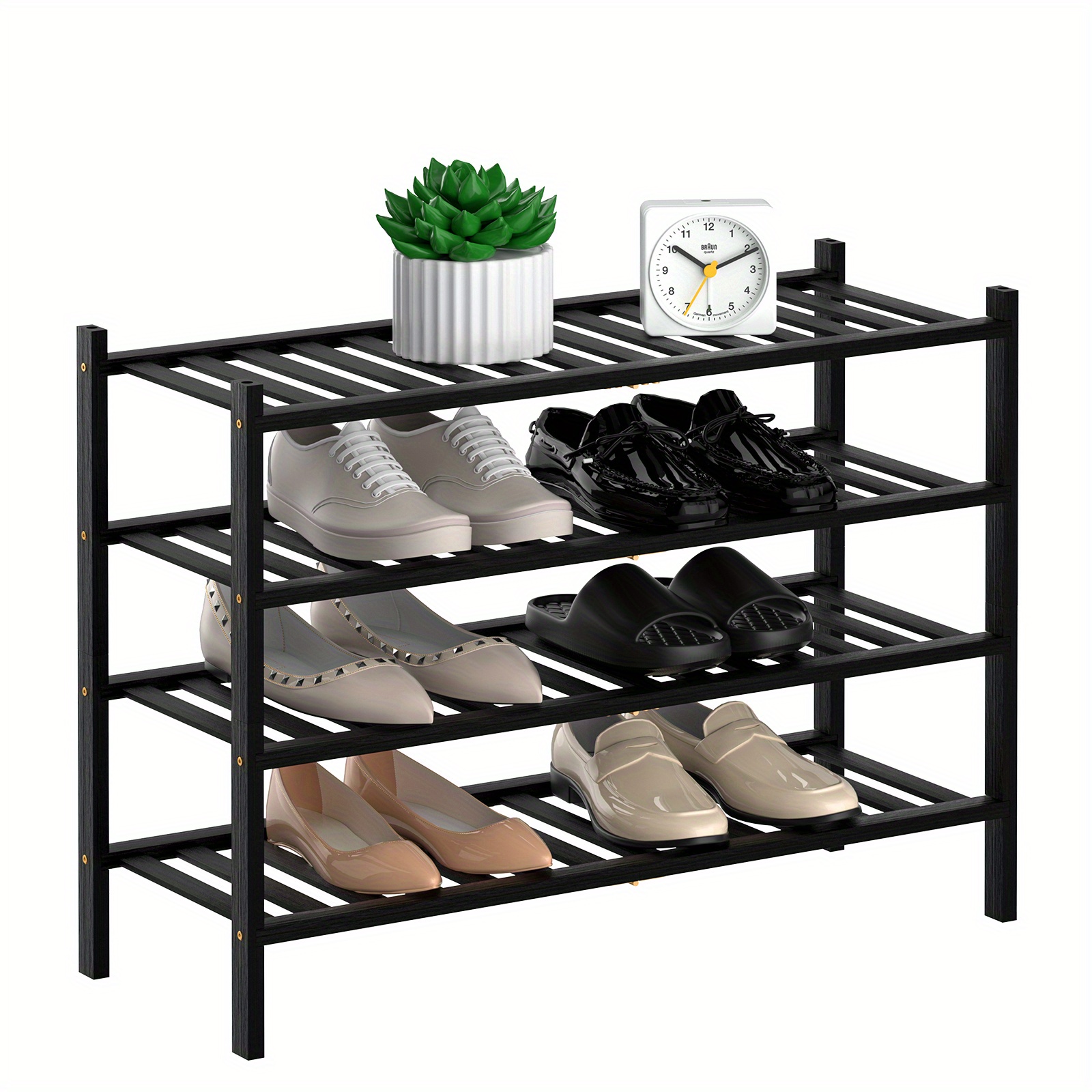 2-Tier Black Bamboo Shoe Rack for Entryway, Stackable | Foldable | Natural,  Shoe Shelf Storage Organizer for Hallway Closet, Free Standing Shoe Racks