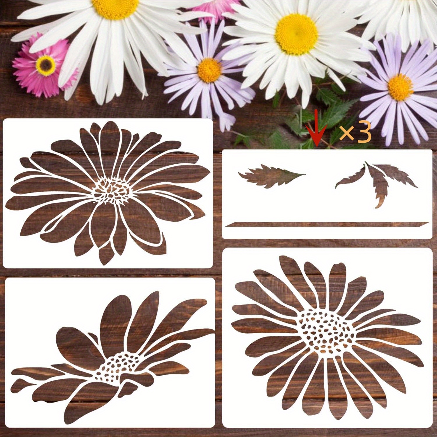Plantillas de margaritas: plantilla de flores de 12.0 x 16.0 in para pintar  sobre madera, lienzo, papel, tela, suelo, pared, muebles. Plantillas de pa