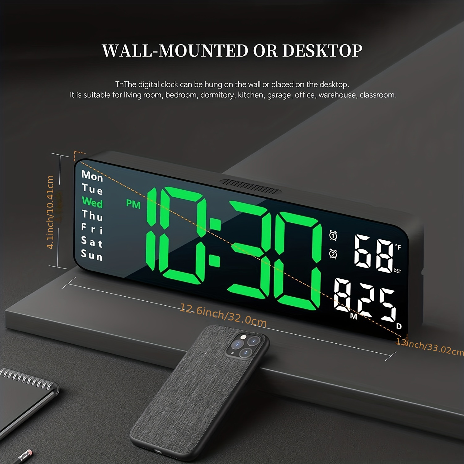 Moderno reloj de pared digital grande de 16 pulgadas con control remoto,  pantalla LED, atenuación automática, cuenta regresiva, temperatura
