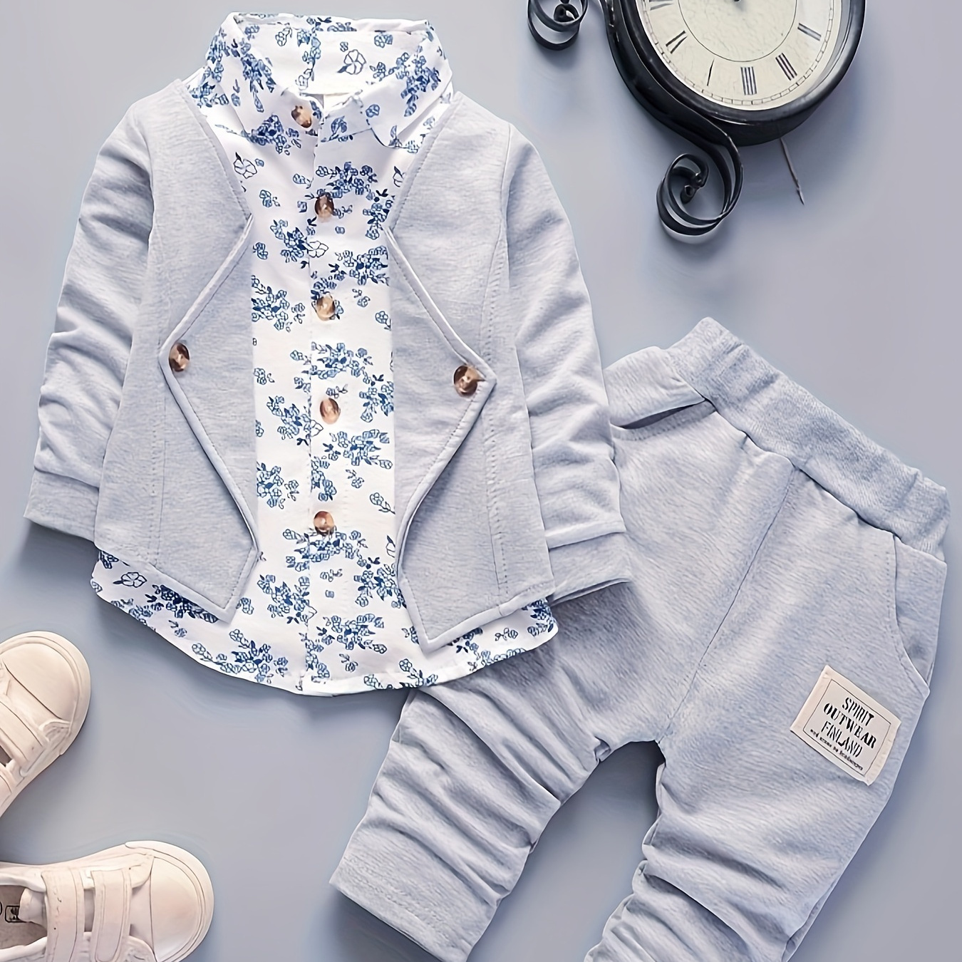 

New Baby Boy Flower Porcelain Print Long-sleeved Fake Two-piece Top Pants Set, Party Casual Outwear For Spring And Autumn