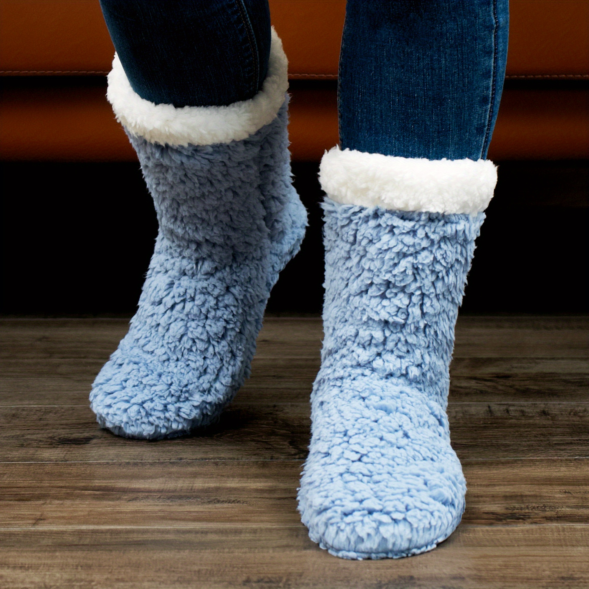 Cozy fair isle hearts slipper socks with sherpa lining, light blue