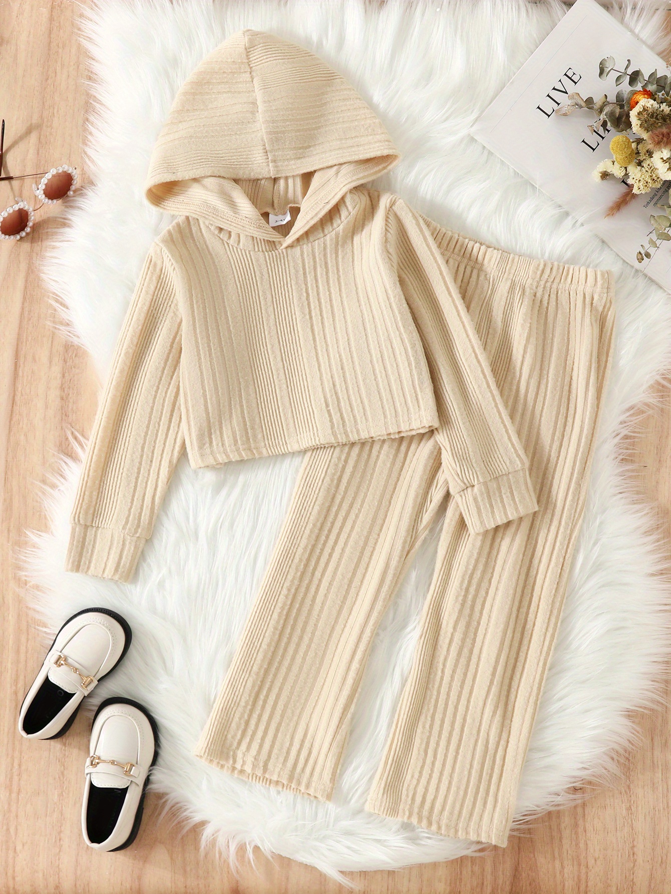 Girls Ribbed Knit Hooded Top Loose Fit Wide Leg Pants Set - Temu