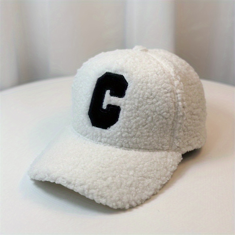 C Embroidery Plush Baseball Solid Color Thick Fleece - Temu Canada