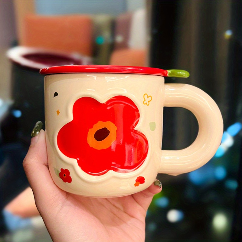 Flower Coffee Mug With Lid Ceramic Coffee Cups Cute Kawaii - Temu