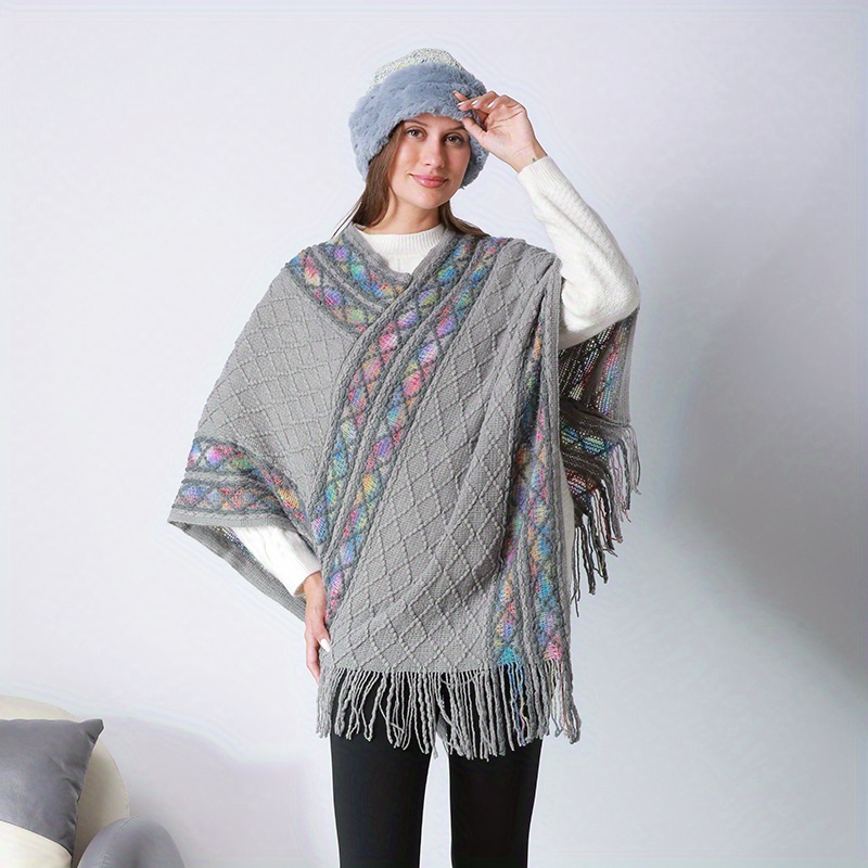 Boho Rhombic Plaid Pullover Poncho Vintage Striped Tassel - Temu