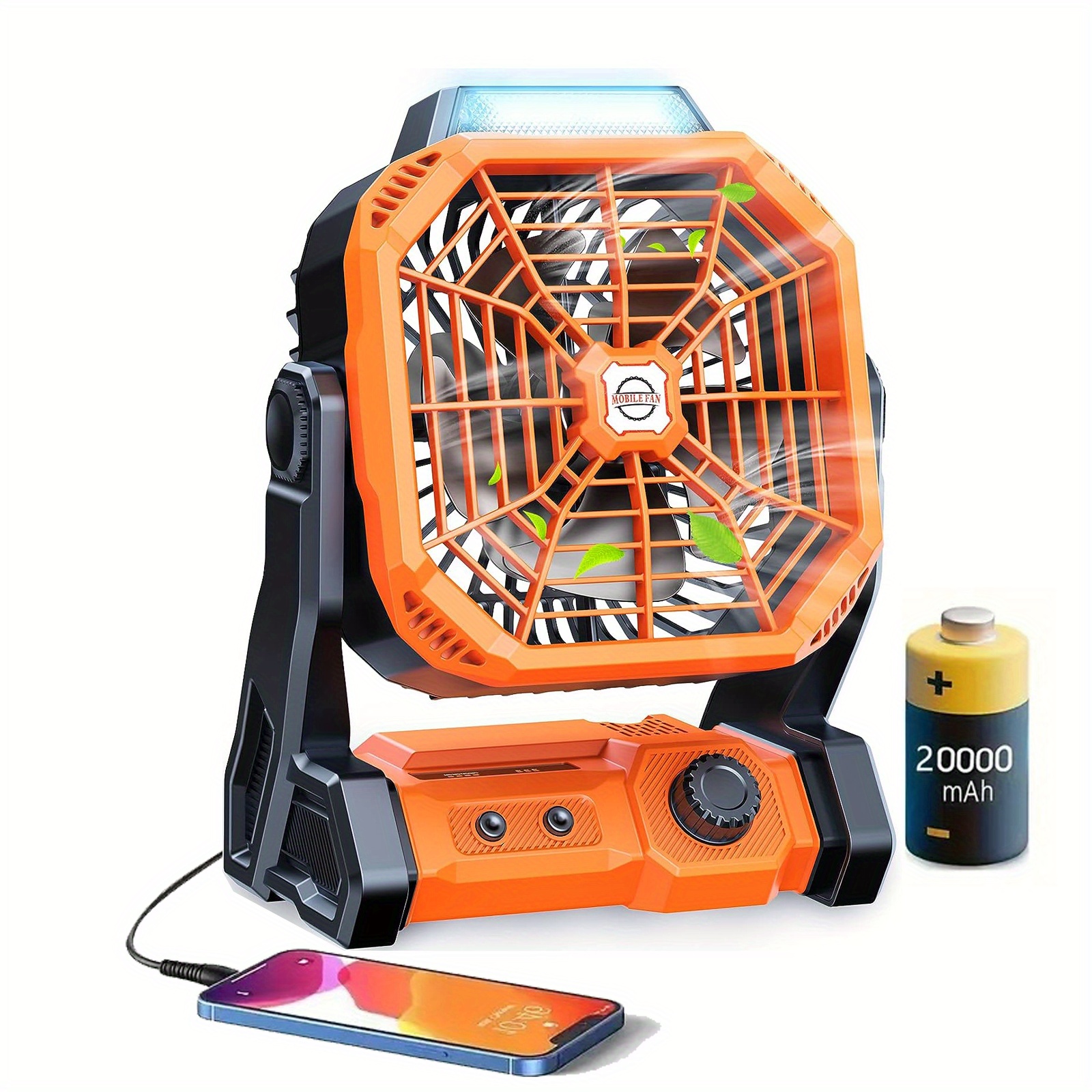 Camping fan with LED light, three wind speeds - KENTFAITH