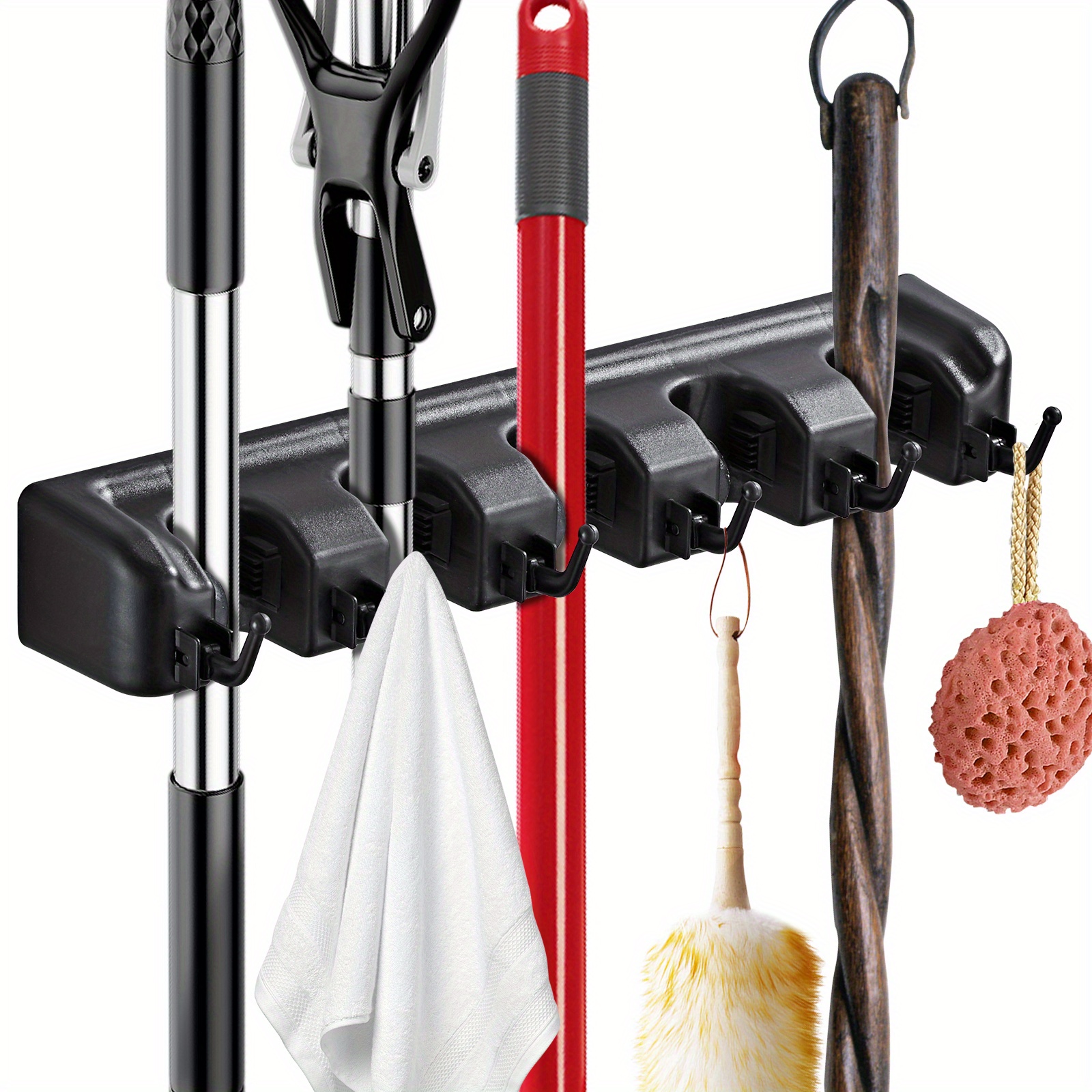 U.S. Solid Mop and Broom Holder, Wall Mounted, 4 Slots & 4 Hooks, Garden Tool Organizer, 16 Inches