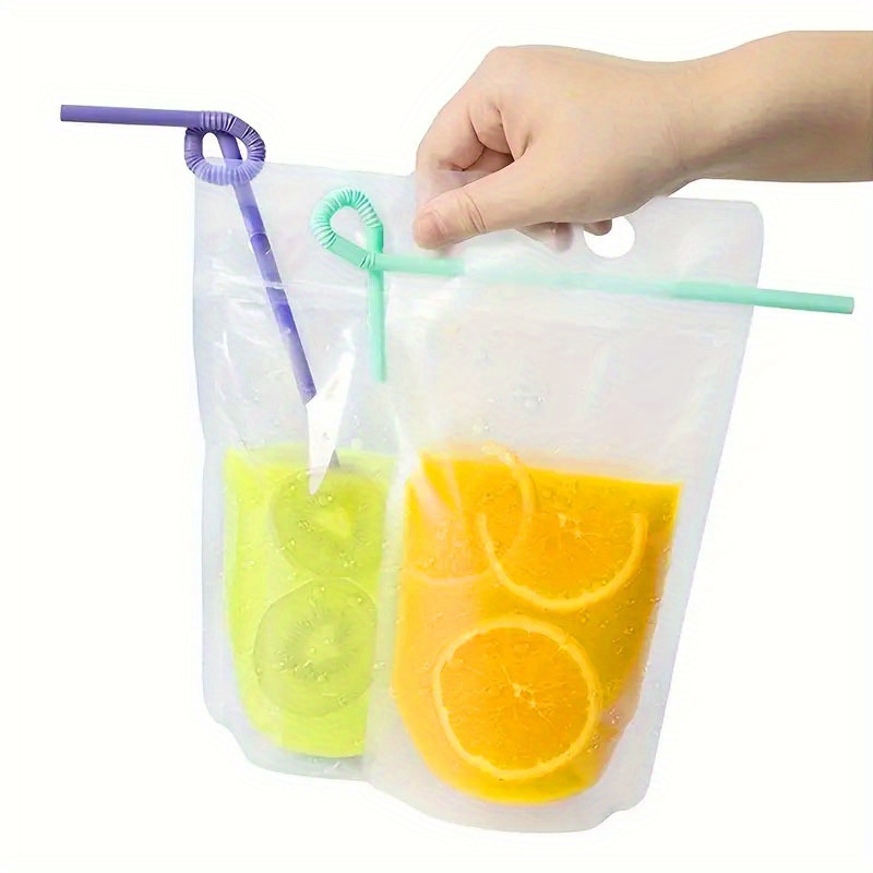 50PCS Drink Pouches for Adults,Reusable Ziplock Bags with 50PCS Reusable  Straws for Alcohol Drink Freezable Hand-Held Juice Container for Cold & Hot