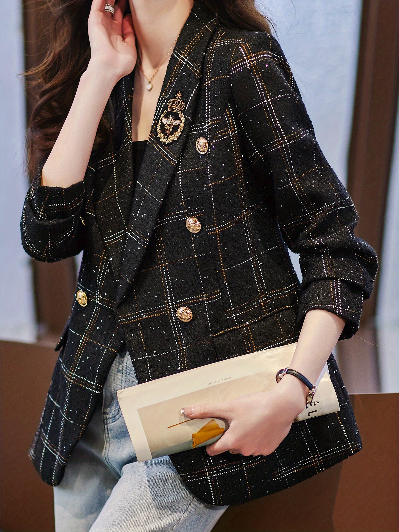 double breasted plaid   casual shawl collar long sleeve outerwear womens clothing details 2