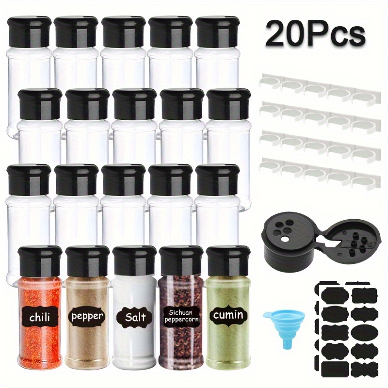 20pcs, Empty Spice Jar Set With Labels Funnel And Spice Gripper Clip,  Plastic Kitchen Spices Storage Bottle, Condiment Jar, Salt And Pepper  Shakers, K