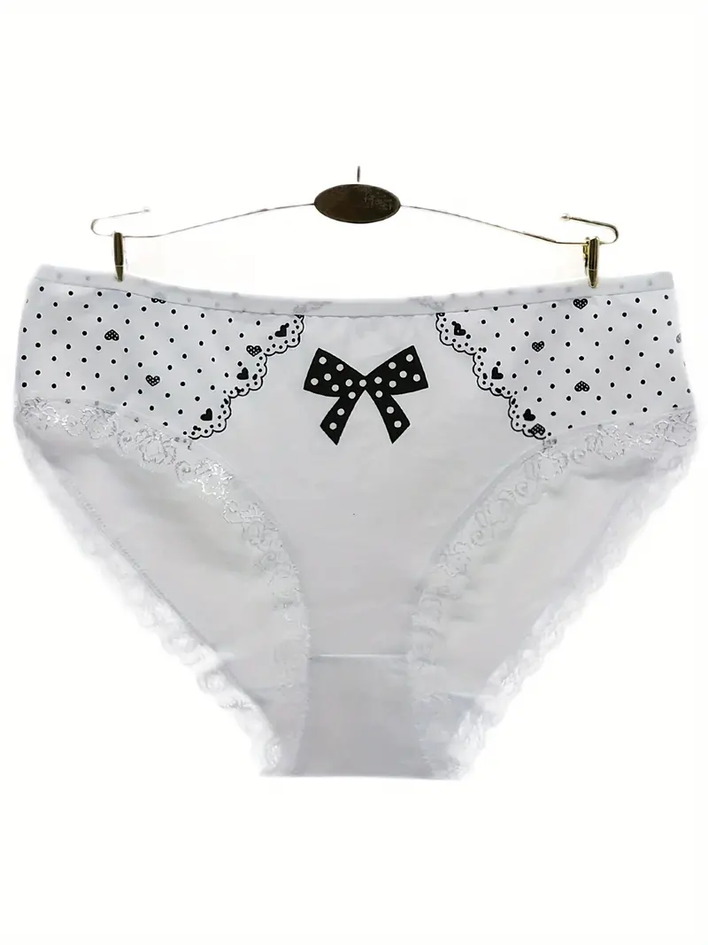 Heart Bow Print Lace Trim Briefs Comfy Breathable Stretchy - Temu