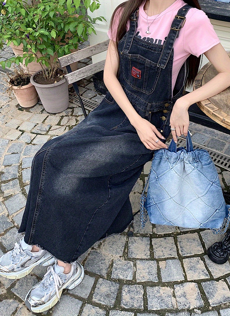 Dark Blue Hem Denim Overall Dress Slant Pockets Retro Style Versatile Denim Overall Dress 7329