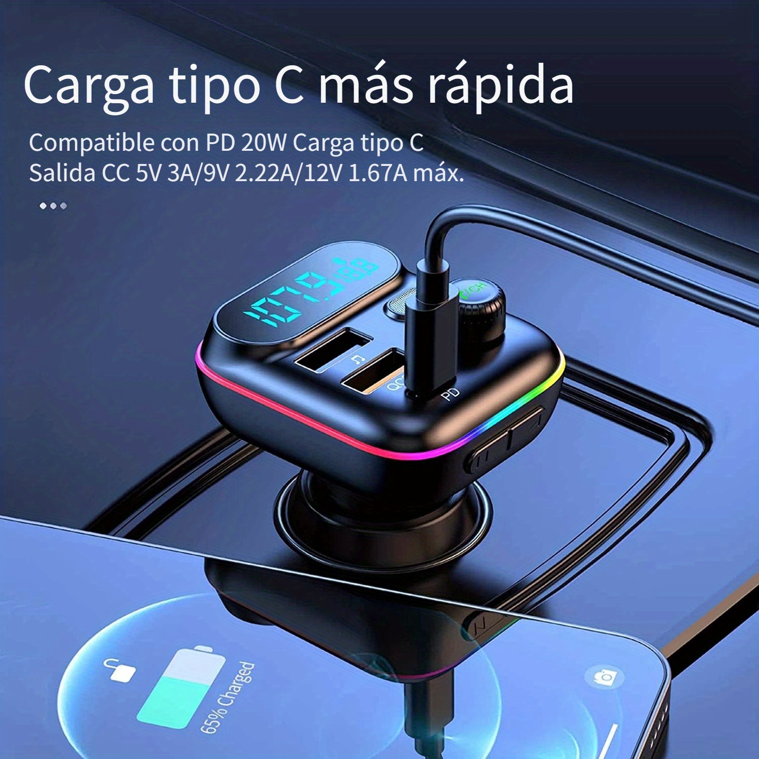 Reproductor Mp3 Coche Bluetooth Cargador Coche, Carga Rápida 3 Puertos  Pd+qc, Transmisor Fm Reproducción Música - Automotriz - Temu Chile