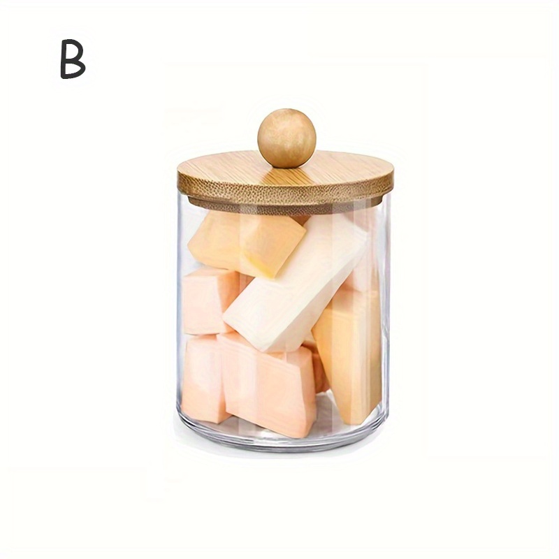 1pc Clear Makeup Puff Storage Container With Bamboo Lid, Organizer