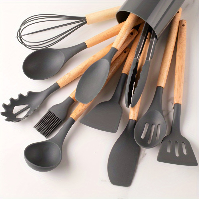 12pcs Silicone Cooking Utensils Set, Heat Resistant Silicone Kitchen  Utensils for Cooking, Kitchen Utensil Spatula Set with Wooden Handles and  Holder, Gadgets for Non-Stick Cookware, Black