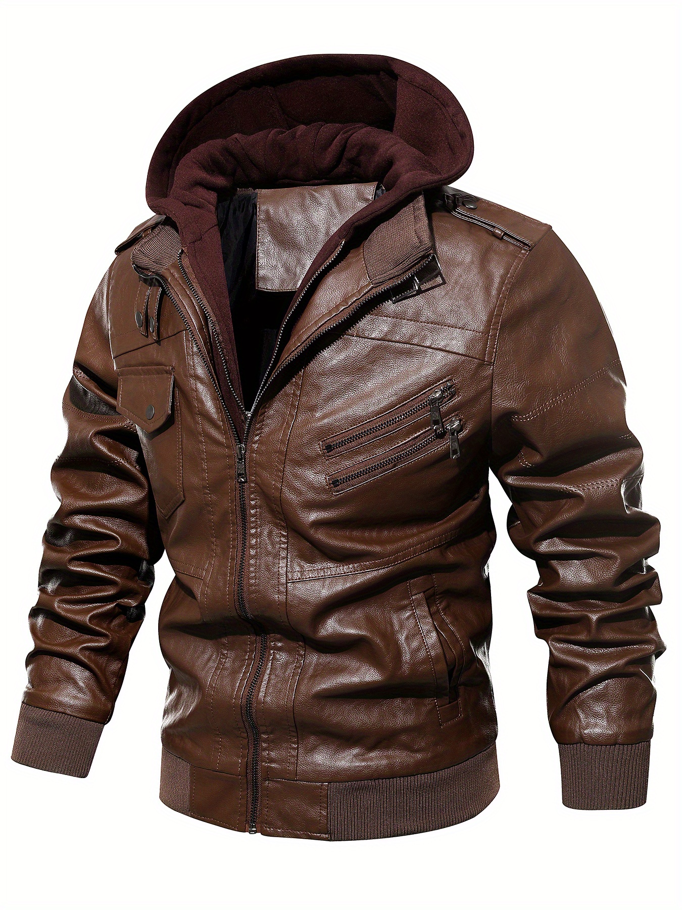 Men's Stylish Pu Leather Zip Hooded Jacket Perfect Fall - Temu