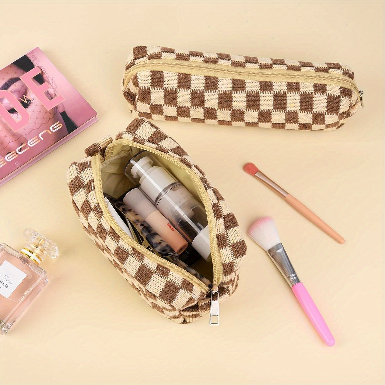 Checkered Pattern Zipper Makeup Bag, Travel Cosmetic Bag, Makeup Brush  Holder Organizer - Temu