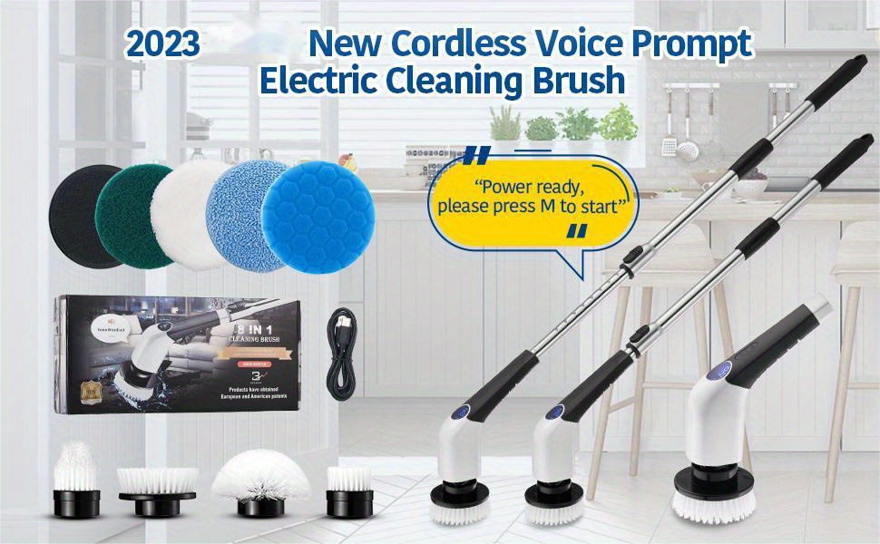 Electric Spin Scrubber, 2023 New Cordless Voice Prompt Spin Scrubber with 8  Replaceable Brush Heads, 3 Adjustable Speeds Shower Scrubber with Long