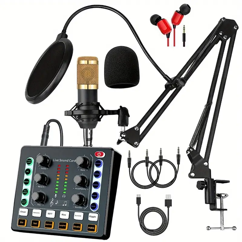 Ensemble d'équipement de podcast, interface audio avec carte son en direct  tout-en-un et microphone à condensateur BM800, microphone de podcast