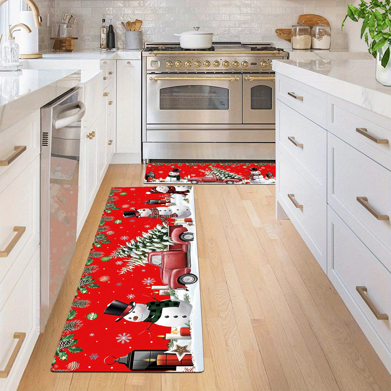 Kitchen Rug Non-Slip Kitchen Mats and Rug Red Merry Christmas Tree Bright  Country Winter Farmhouse