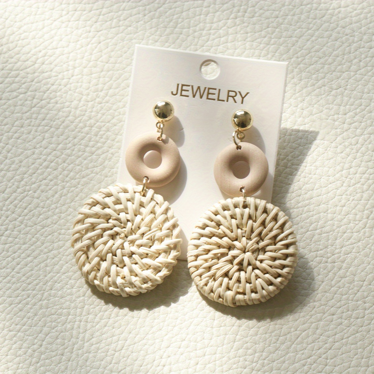 Image of 1 Pair Of White Handmade Woven Rattan Circle Rattan Pendant Earrings For Women