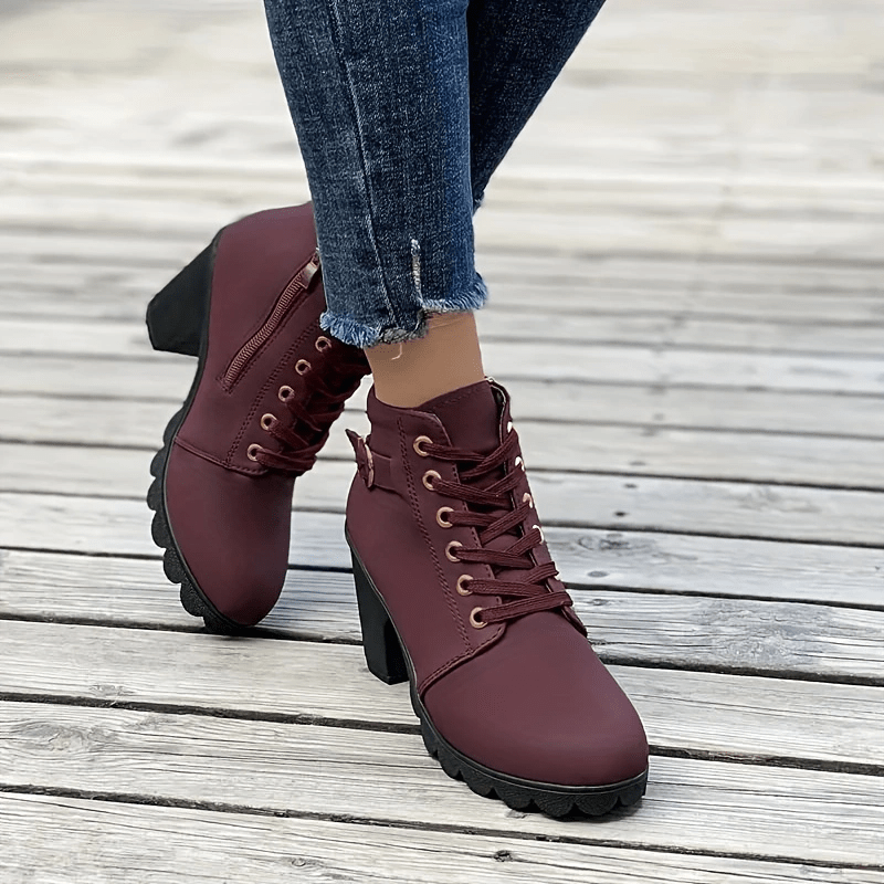 Women s Chunky Heeled Booties Solid Color Lace Side Zipper - Temu