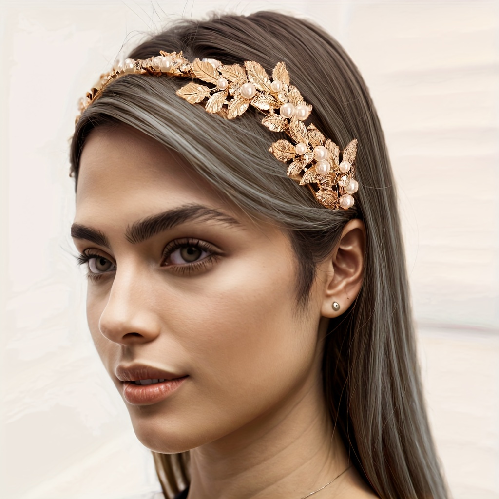 

1pcs Golden Leaf Decor Baroque Rhinestone Faux Pearl Headband Elegant Hari Hoop Party Wedding Banquet Hair Accessories