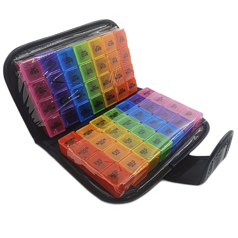 

14-day 56-compartment Leather Case With Colorful Plastic Pill Organizers - Travel Friendly Medication And Supplement Storage