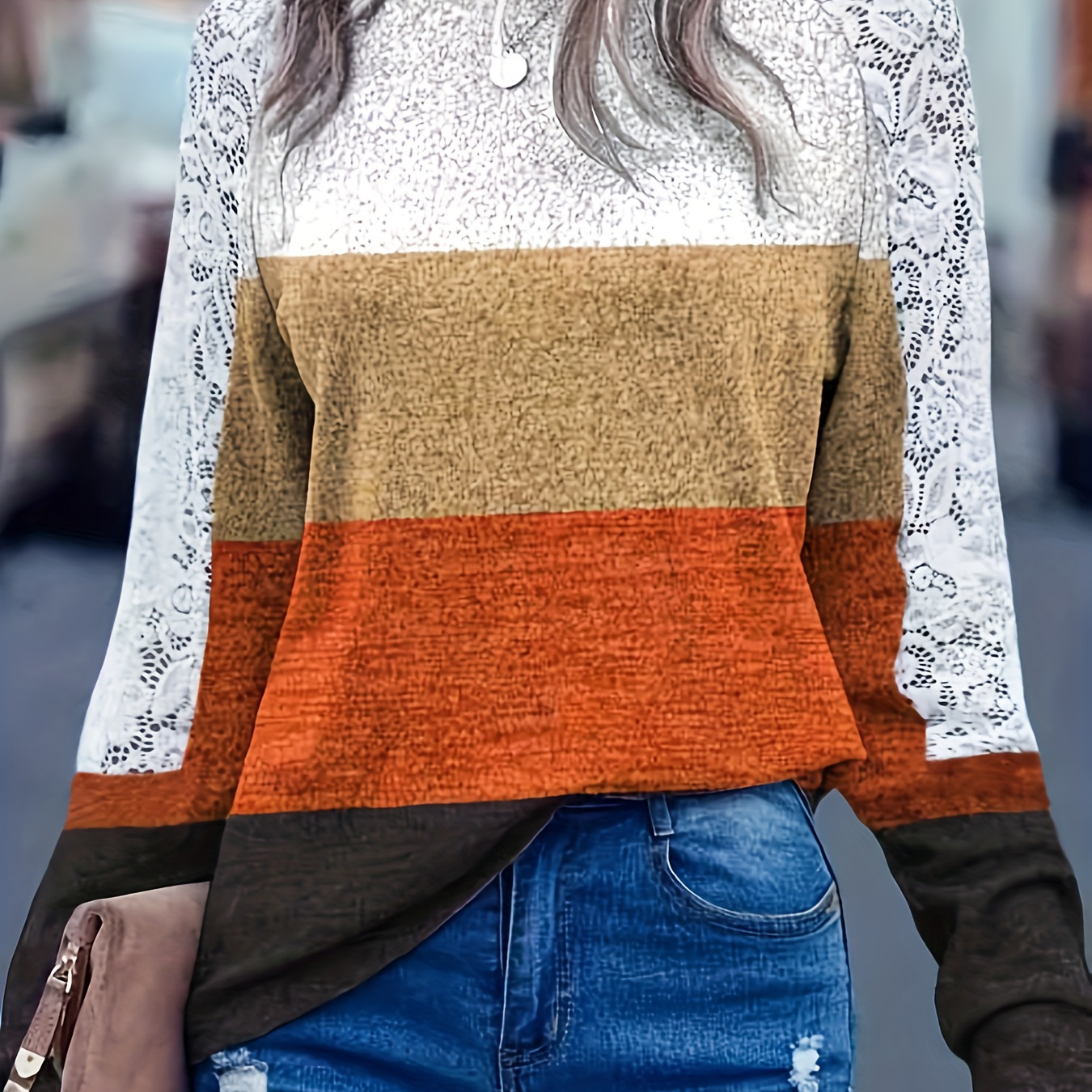 

Plus Size Casual Sweatshirt, Women's Plus Colorblock Lace Long Sleeve Round Neck Sweatshirt