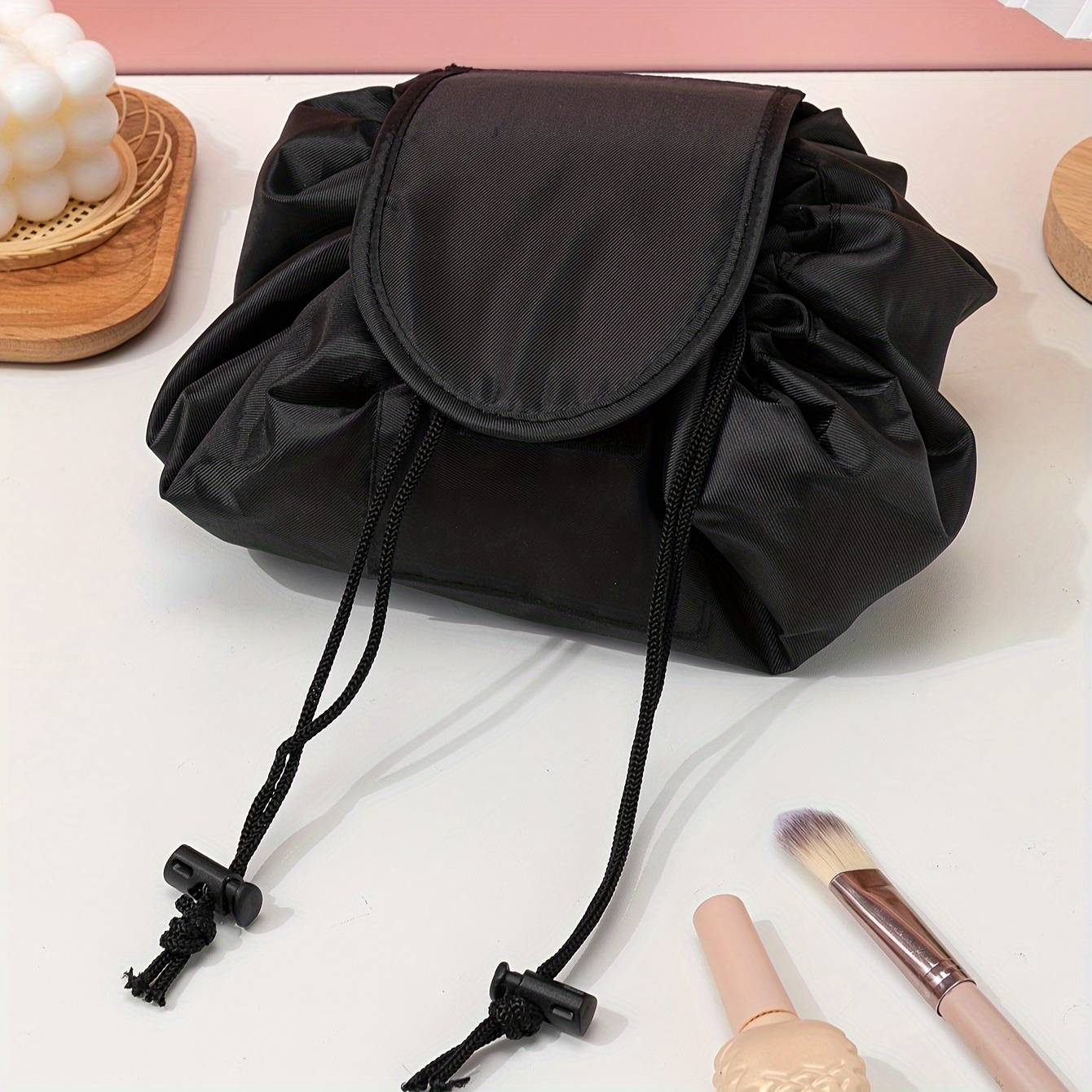 

Lazy Drawstring Makeup Bag, Large Capacity Travel Cosmetic Bag, Portable Storage Makeup Organizer, Travel Daily Use Cosmetic Pouch, Toiletry Bag For Women, Black