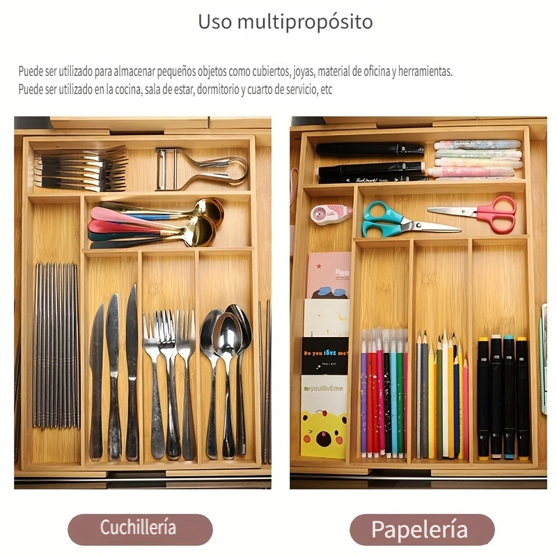 Organizador de utensilios para cajones de cocina, organizador de cubiertos  de bambú, soporte expandible para utensilios y bandeja de cubiertos con