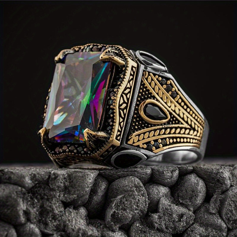 

1pc Retro Signet Rings For Men, Silvery Color Carved Eagle Ring, Mystic Cubic Zirconia Inlay New Punk Motor Biker Ring