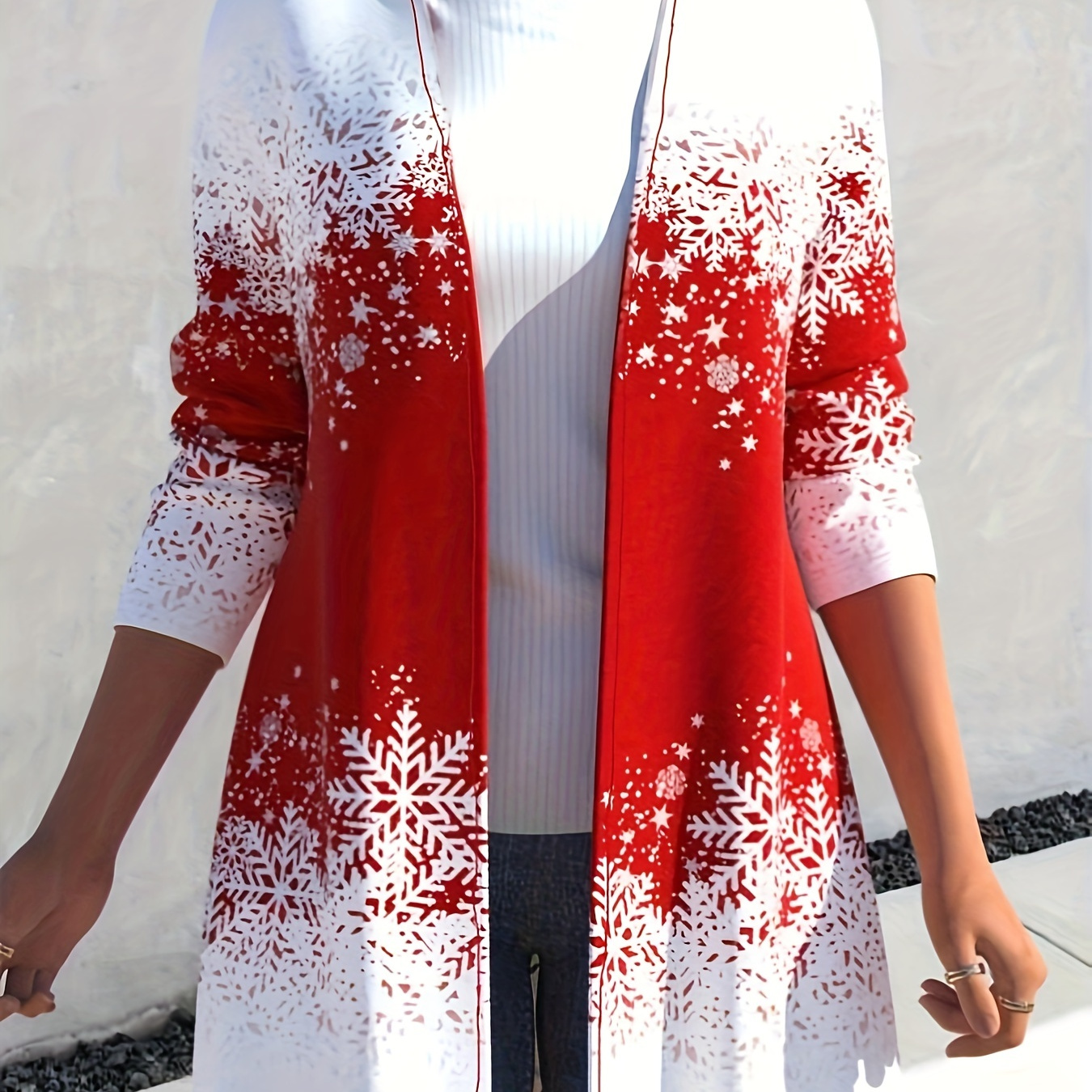 

Plus Size Christmas Cardigan, Women's Plus Snowman & Snowflake Print Long Sleeve Open Front Slight Stretch Cardigan
