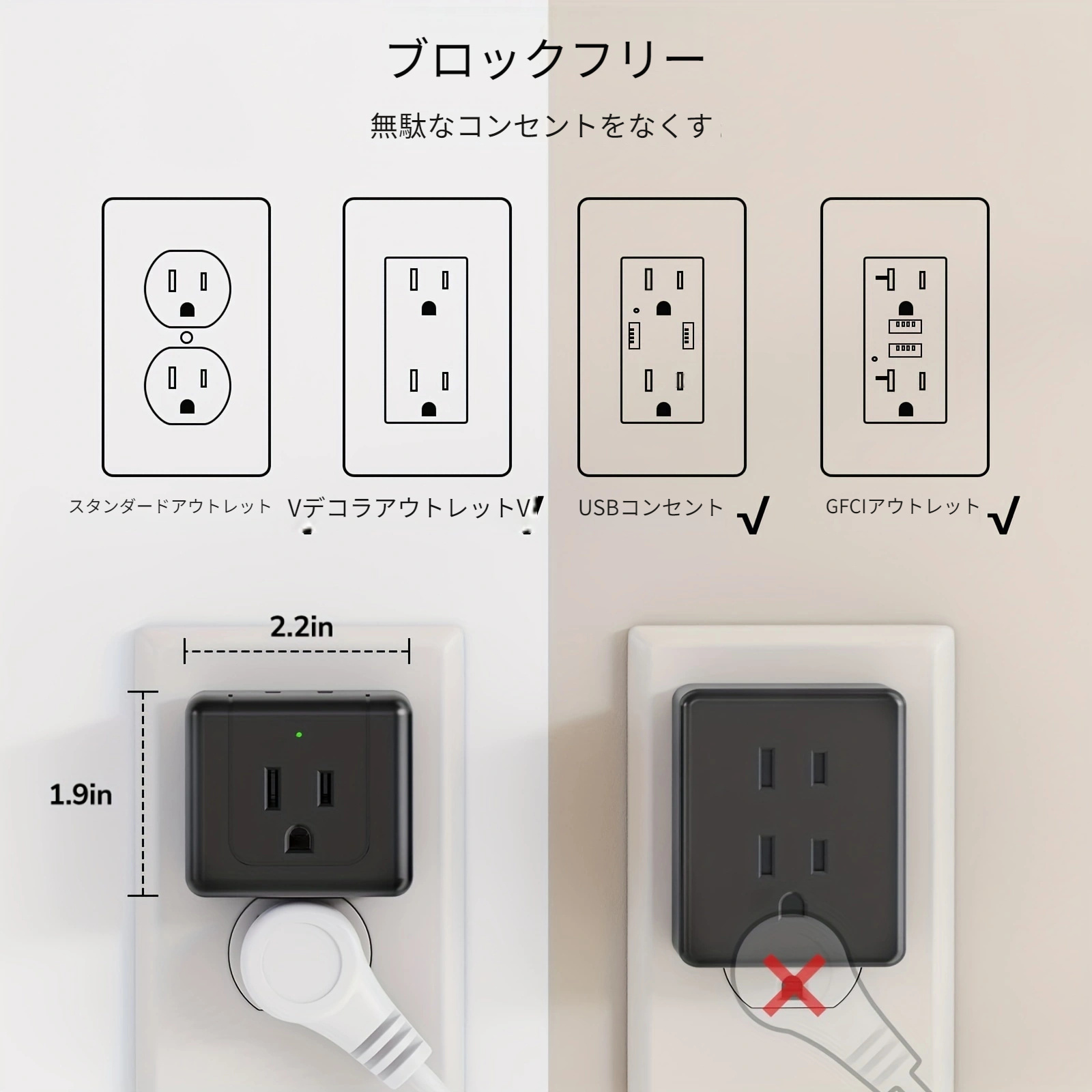 2 パック壁コンセントエクステンダー 5 ウェイコンセントスプリッター---MDL: SX560