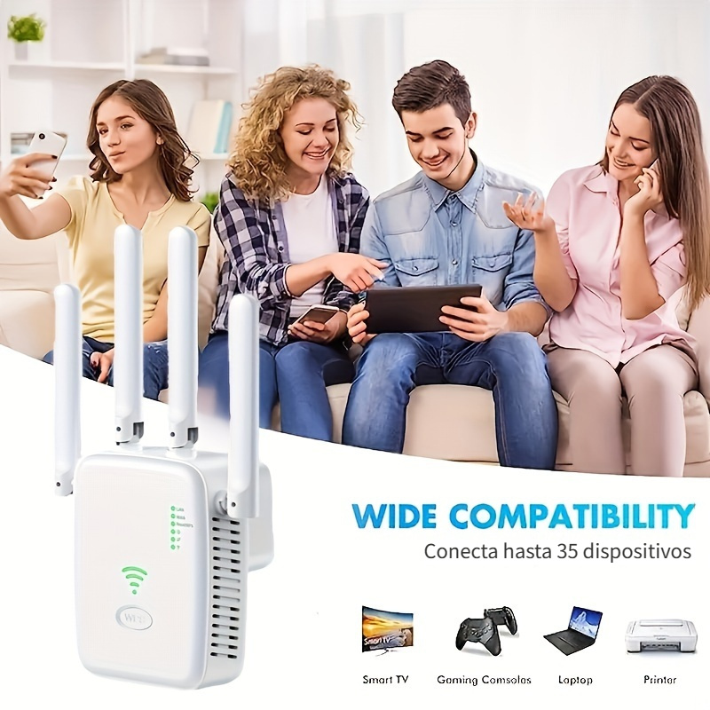 Extensor WiFi AC1200, compatible con WPS, cubre hasta 1200 pies cuadrados y  25 dispositivos, amplificador WiFi de doble banda de 1200 Mbps con antenas