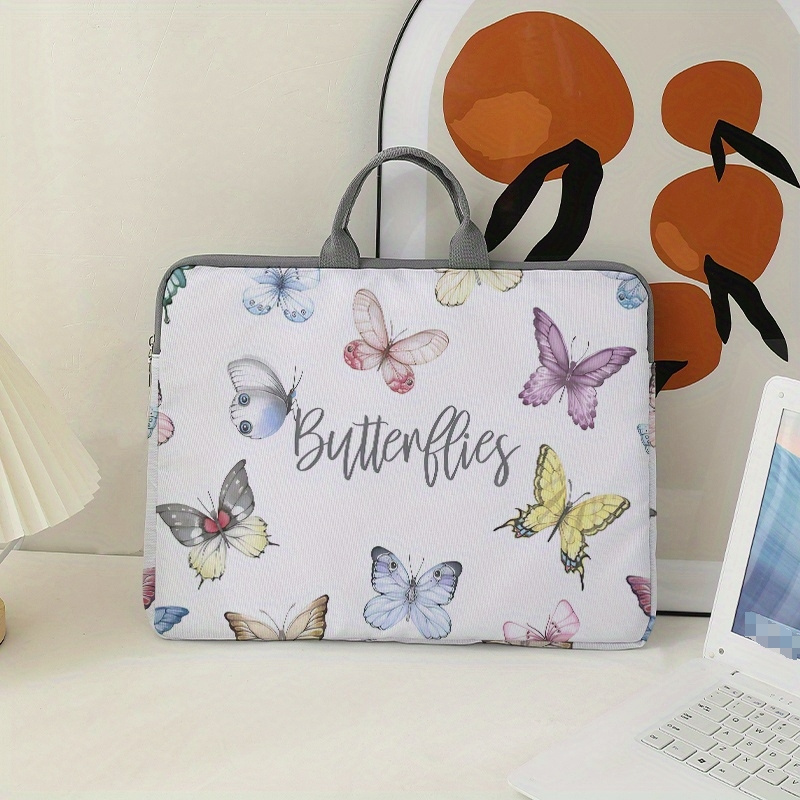 1pc Simple Butterflies Pattern Printed Laptop Bag Simple White Bag Soft Surface Laptop Protective Cover Commuter Briefcase Document File Storage B