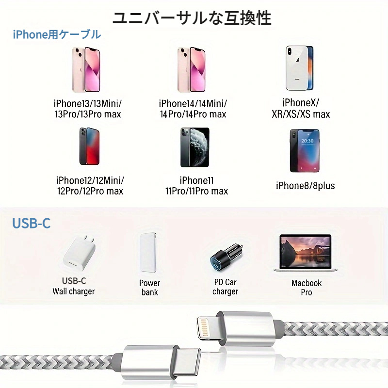 MFi認定] iPhone用USB Cケーブル 4本パック 6フィート充電ケーブル