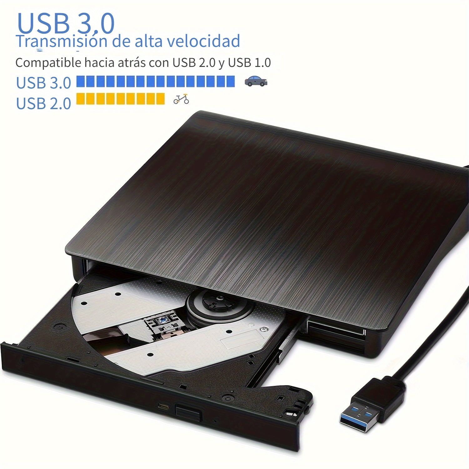Unidad externa de CD DVD USB 3.0 tipo C CD/DVD ROM grabadora de CD DVD  +/-RW lector de unidad de disco óptico con 2 ranuras USB y TF/SD  Reproductor de