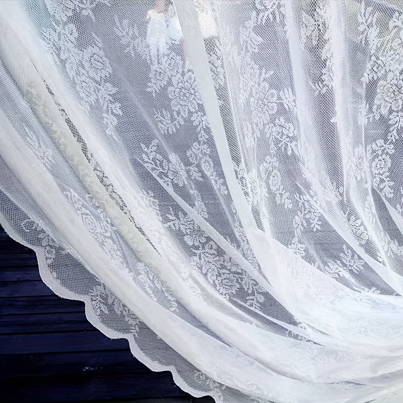 Image of 1pc Elegant White Lace Sheer Curtain - Floral Pattern Semi-transparent Window Drapes For Bedroom, Living Room & Dining Area, Rod , Machine Washable, Curtains For Living Room