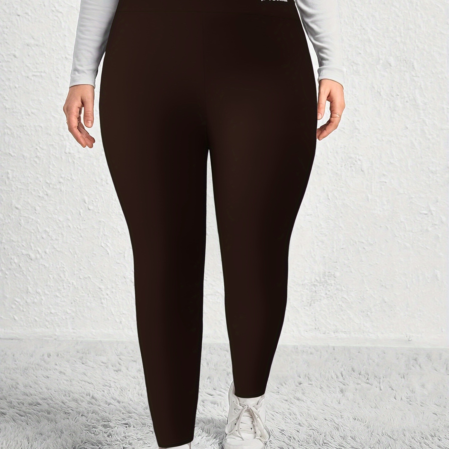 Plus Size Casual Leggings, Women's Plus Letter Print Liner Fleece High Rise Slight Stretch Leggings