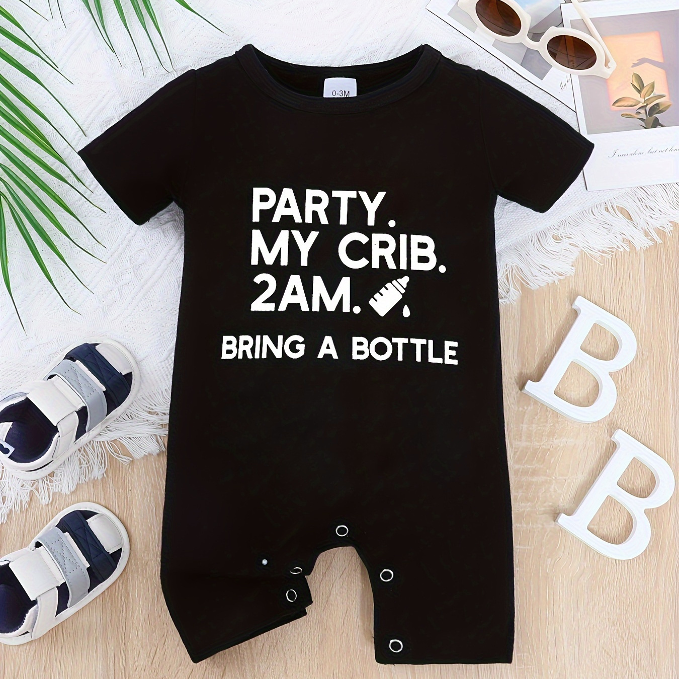 

Baby Boys And Girls Casual "party My Crib 2am Bring A Bottle" Short Sleeve Romper Jumpsuit Clothes