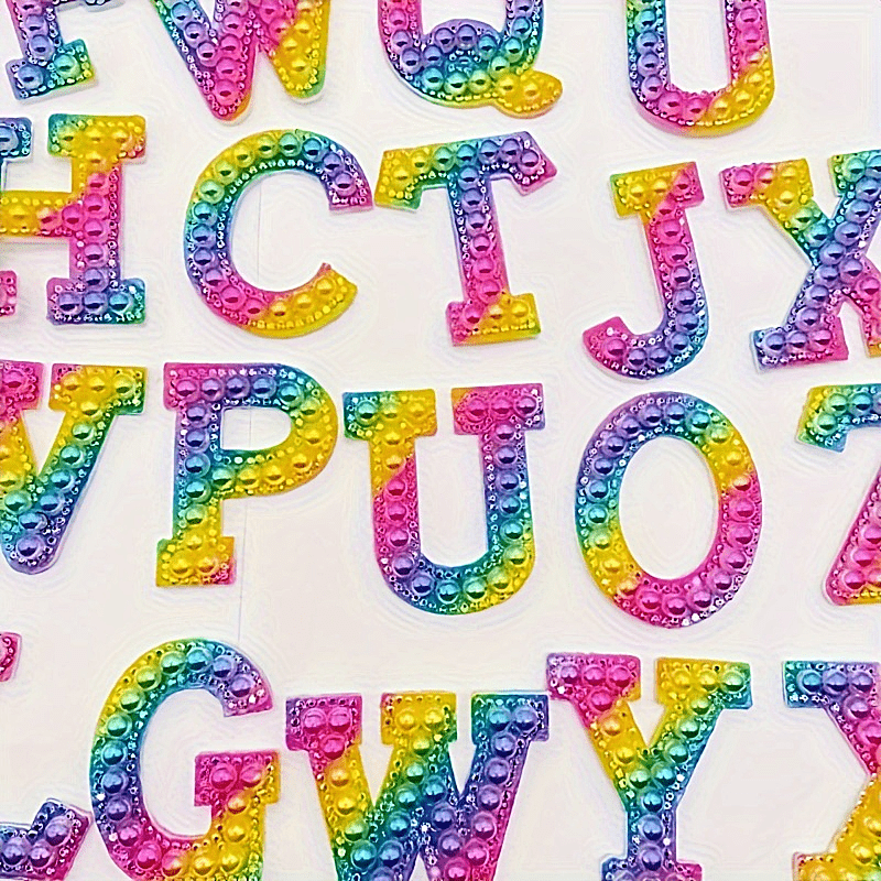 Image of 26pcs Of A-z Colored English Letters Pearl Rhinestone Clothing Patch Letters Pearl Rhinestone Stickers On Patches Iron Name Suitable For Clothing, Shoes, Hats, Car Decorations