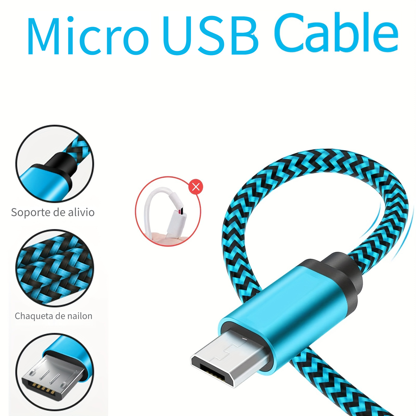 Cable cargador Android de 10 pies de largo, carga rápida, cable USB a micro  USB blanco, cable micro USB 2.0 USB micro cable USB para Samsung cargador